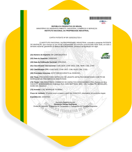 Carta patente brasileira do INPI sobre asfalto ecológico